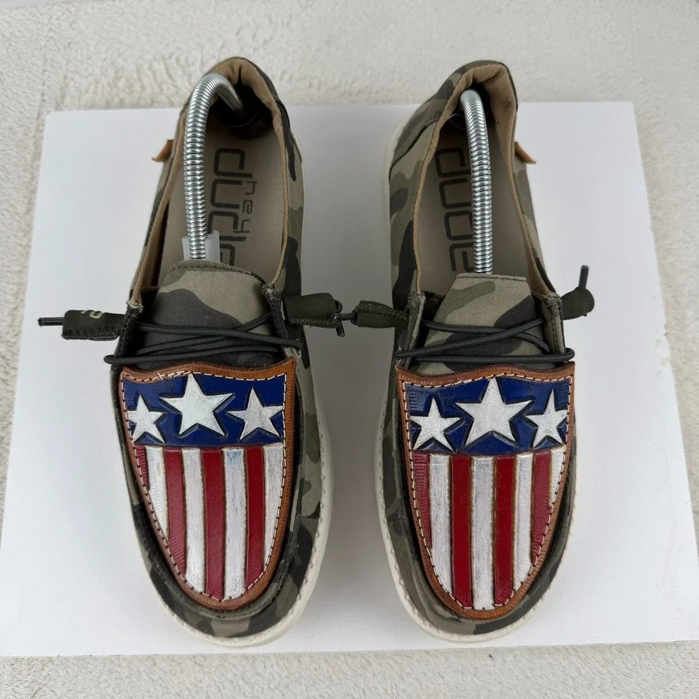 Hey Dudes Wendy‎ Camo Customized American Flag 4th OF JULY Shoes Women's 8 RARE